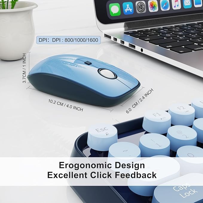 Wireless Keyboard Mouse Combo,104 Round Keys Cute Colorful Keyboard with Retro Typewriter Style,Letton Full Size Keyboard with Number Pad&Mouse with 3 DPI for PC Mac Laptop Computer Windows-Blue