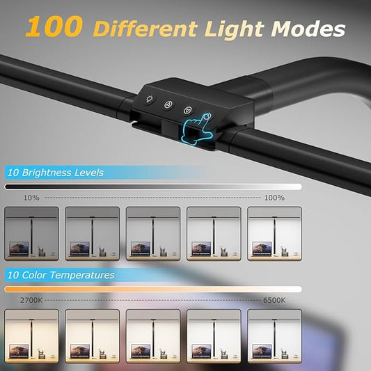 Desk lamp,LED Desk Lamps for Home Office,Eye-Care Architect Lamp for Desk with Clamp, Double Head Computer Monitor Table Lamp,Adjustable Gooseneck Desk Lamp:24W 100 Lighting Models for Study Drafting