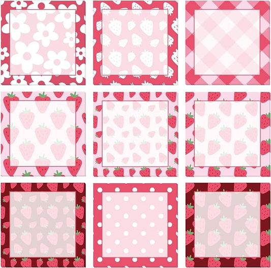 9 Pieces Strawberry Sticky Notes Adhesive Cute Summer Strawberry Memo Notes 3 X 3 Inch Self-Stick Note Pads for School Office Home Supplies Students Teachers Presents, 9 Styles