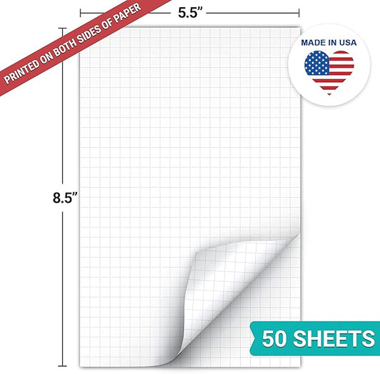 321Done Double Sided Graph Paper Notepad, 0.25 Grid, 5.5x8.5, Made in The USA, Quad Ruled Pad for Writing, Drawing, Sketching Bullet Journaling (50 Sheets) Thick Heavy White Paper