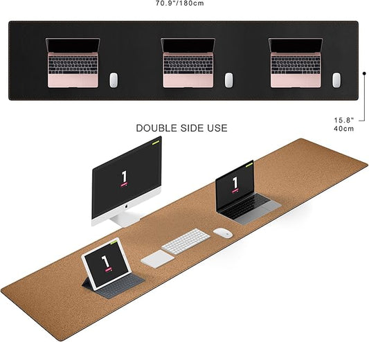 MAIDERN 70.8”x 15.7” Leather Desk Pad, Large Desk Mat, Cork & Leather Large Mouse pad for Desk, Waterproof Computer Desk Pad for Gaming Home Office (Black) …