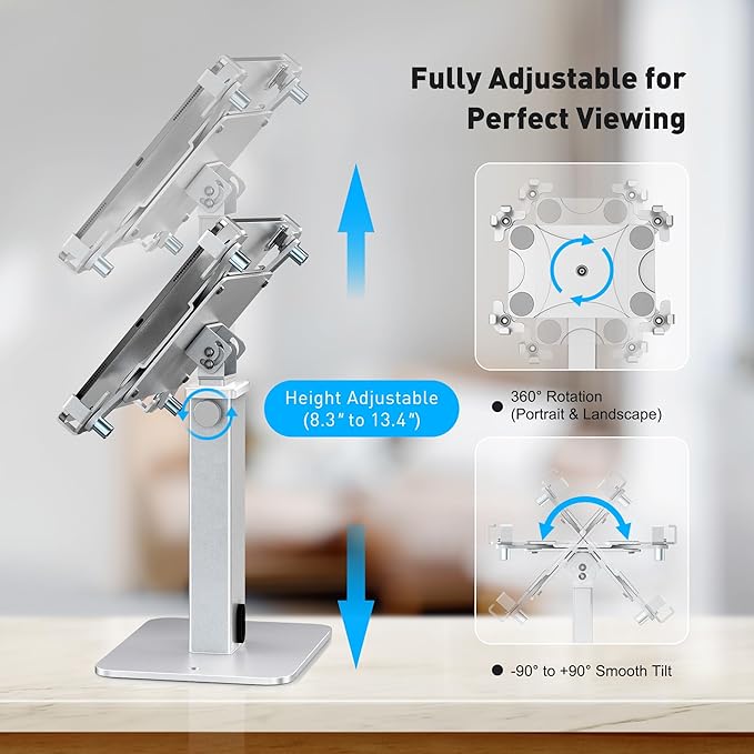 AboveTEK Anti-Theft iPad Kiosk Stand, 360 Rotation & Adj. Height 8.3"–13.4", Heavy-Duty Steel & Aluminum, Fits 9.7"-13" Tablets, Security Retail POS Tablet Stand for Business & Commercial Use (Silver)