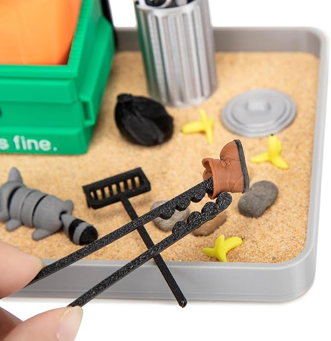 Stylor Dumpster Fire Zen Garden Desk Decor - 3D Print Plastic Miniature Sandbox with Raccoon & Flames, Humorous Office Stress Relief Gift, Includes Stones, Sand & Accessories