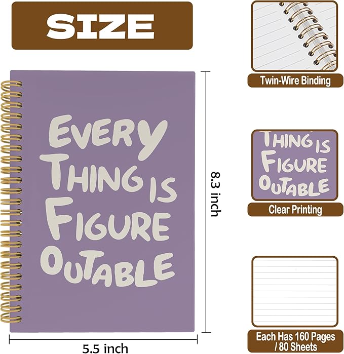 Inspirational Purple Notebook, Positive Affirmations Stress Relief Gifts, Office College Motivational Journal Notebooks, Everything Is Figureoutable Hardcover Spiral Notebook 5.5x8.3 Inch