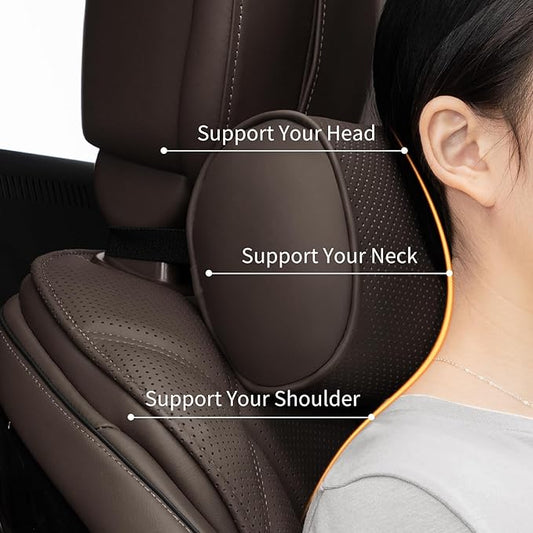 Car Headrest Pillow for Driving - Luxury Leather 100% Memory Foam, Ergonomic Neck Support - Universal Fit Head Rest Travel Pillow for Most Cars, Home & Office, Brown, 1 Pack