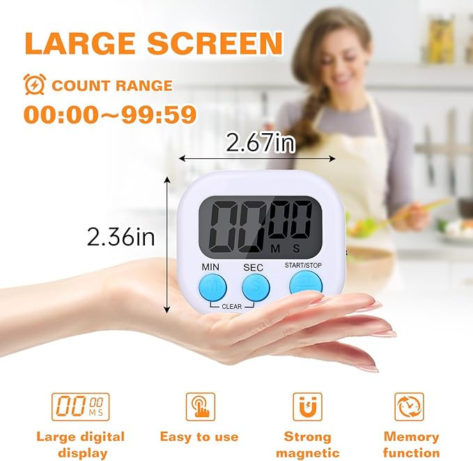 12 Pack Digital Kitchen Timers for Cooking, Small Magnetic Countdown Classroom Timer for Teachers Kids, Big Digits Loud Alarm Backing Stand Timers for Kitchen, Shower, Study, Work, Exercise Training