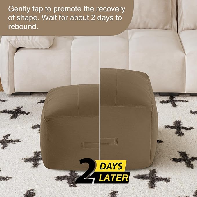 MeMoreCool Square Stuffed Pouf Ottoman Foot Rest, Floor Pouf Foot Stool with Foam Chunk Filling, Soft Stuffed Ottoman Footrest for Living Room, Light Coffee