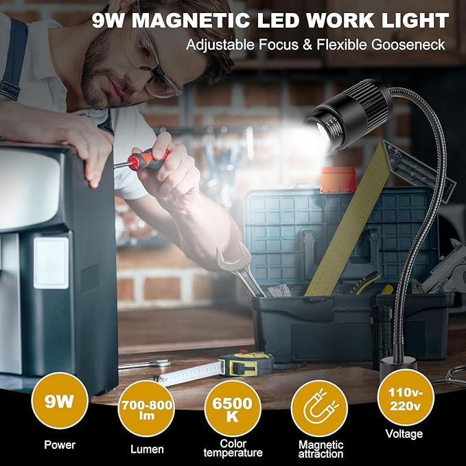 9W Magnetic LED Work Light, Adjustable Fucos Gooseneck Shop Light with Magnetic Base, Sewing Machine Light, Magnet Task Lamp for Work Bench, Lathe, Bandsaw