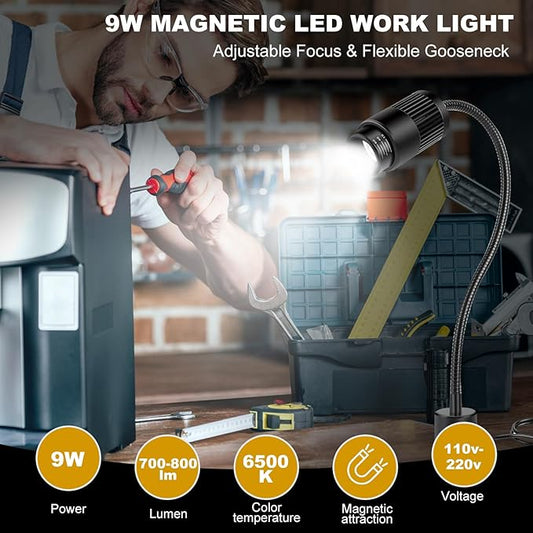 9W Magnetic LED Work Light, Adjustable Fucos Gooseneck Shop Light with Magnetic Base, Sewing Machine Light, Magnet Task Lamp for Work Bench, Lathe, Bandsaw