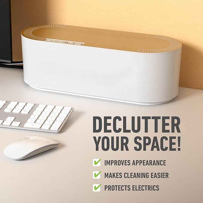 D-Line Cable Management Box, Power Strip Holder, Floor Outlet Hiders, Desk Cord Organizer, Cover TV Wires, Wire Storage, Extension Hider, Office Concealer for Cords - Large, Wood-Effect Lid