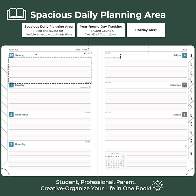 Weekly Monthly 2025-2026 Planner (July 25-Dec 26),11.5"x8.5",18 Months Agenda Plan with Month Tabs & Pocket,Expenses/Note Pages, Academic Calendar with Vegan Leather Cover,Green