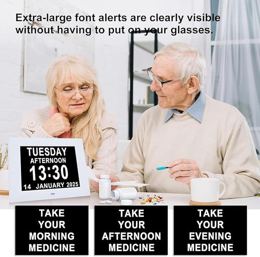 Digital Dementia Alarm Clock 8 inch Large Display, Electronic Calendar Clock with Day and Date for Elderly,3 Time Period Oversized Character Drug Reminders Clock for Dementia Elderly Patients