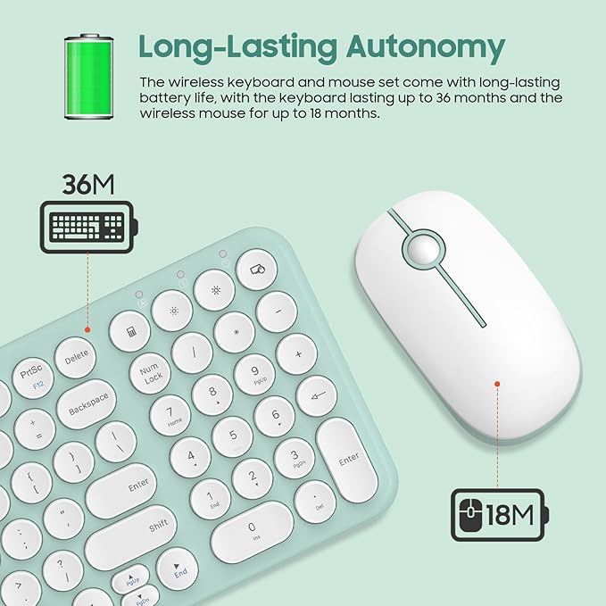 Wireless Keyboard and Mouse Combo, XTREMTEC Cute Kawaii Green Aesthetic Quiet Laptop Keyboard Teclado y Mouse Inalambrico Mac (Macaron Green)