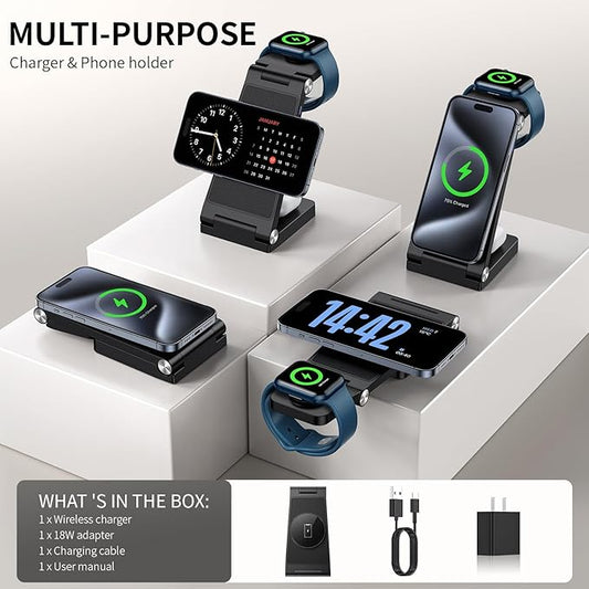 RYND 2025 Traveling Wireless Mag-Safe Fast Charging Station,Magnetic 3 in 1 Charger with Light for iPhone 16 15 14 13 12 Pro Max Plus,Apple Watch Series & Air pods 4 3 2 Pro-Gifts for Wife & Husband