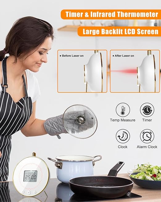 Digital Kitchen Timer with Infrared Thermometer, Large LED Display Magnetic Countdown Count-Up Timer for Classroom Cooking Baking Studying Teaching