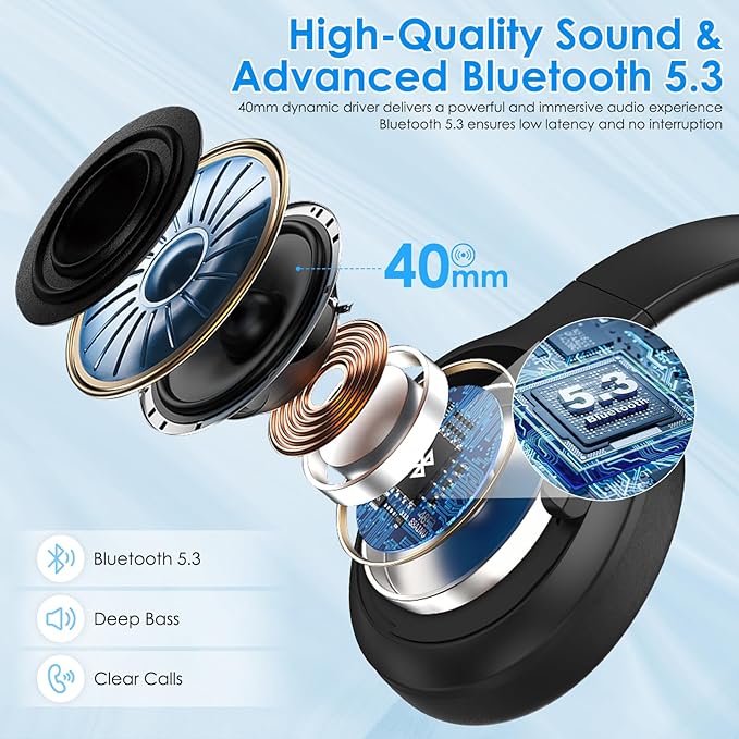 Active Noise Cancelling Headphones, Wireless Over Ear Bluetooth Headphones,100H Play Time Bluetooth Headphone with Microphone,Lightweight and Foldable Comfortable Deep Bass for Work/Gym Black