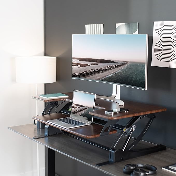 VIVO 42 inch Height Adjustable Stand Up Desk Converter, V Series, Quick Sit to Stand Tabletop Dual Monitor Riser Workstation, Dark Walnut Top, Black Frame, DESK-V000VLD