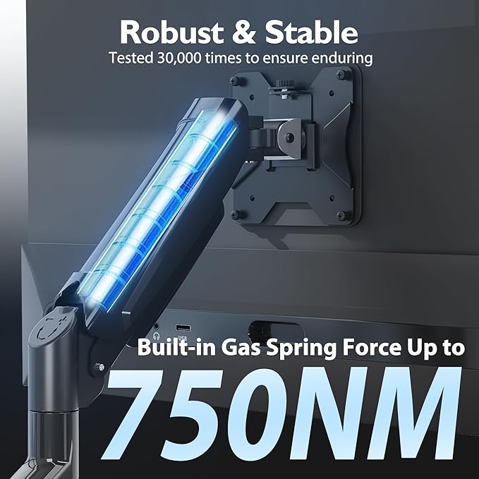 BONTEC Monitor Arm Desk Mount, Gas Spring Monitor Stand, Adjustable Full Motion VESA with C Clamp & Grommet Base, Supports 6.6-19.8lbs LCD/LED Tilt, Swivel, Rotation (Single Arm, 13-32 Inch)