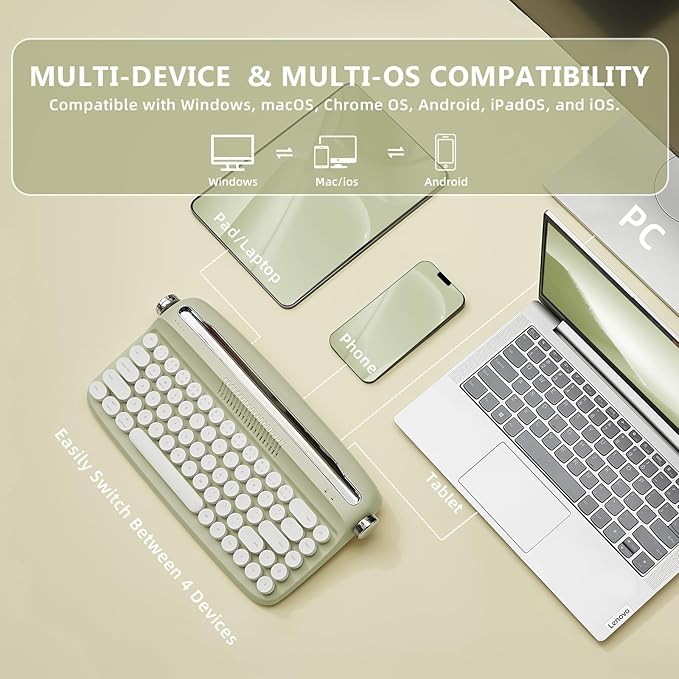 YUNZII Upgraded Wireless Typewriter Keyboard, Retro Aesthetic with Integrated Stand,Cute Round Keycaps, USB-C/Bluetooth Connection for Table, Phone, PC and Win/Mac/Android (B307, Sweet Mint)