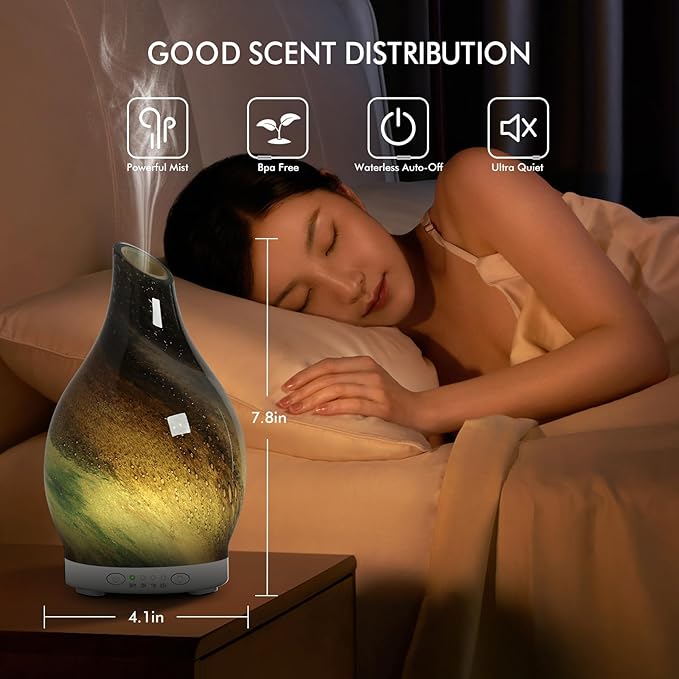 Aromatherapy Diffuser Essential Oil Diffuser - Glass Diffuser Ultrasonic Cool Mist Aroma Diffuser 120ml Scented Oil Diffuser with Auto-Off Protection & 7 Colors Night Light for Home Office Decor&Gift