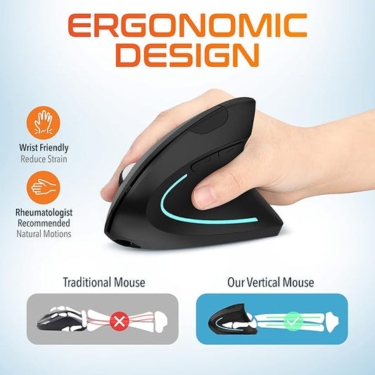 Delton Ergonomic Vertical Rechargeable Wireless Mouse with Auto Pair USB Dongle, 6 Buttons, 3 Adjustable DPI Levels (800/1200/2400), Compatible for PC, Laptop, Mac, Chromebook - Black