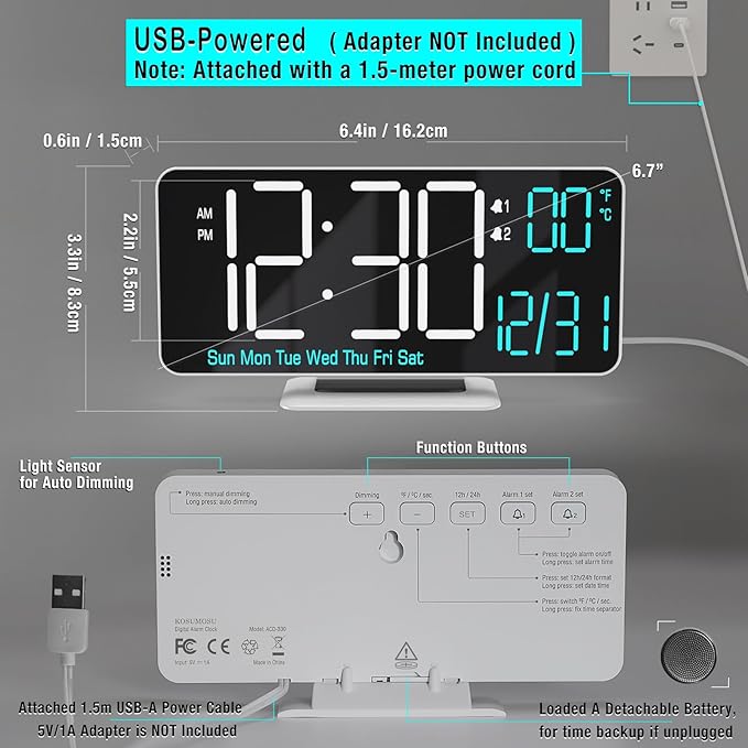 KOSUMOSU Digital Alarm Clocks 6.7in Small Digital Clock for Bedroom,Auto Dimming,Dual Alarm, Date, Seconds, Day of Week, Indoor Temperature,Desk Clock for Classroom,LED Clocks for Living Room