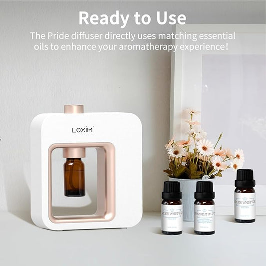 LOXIM Pride Aromatherapy Diffuser with Daytime Calm Collection Essential Oil Blends, Waterless Diffuser with Essential Oils, No Heat, Quiet, Battery Operated for Living Room Office Home Car (White)