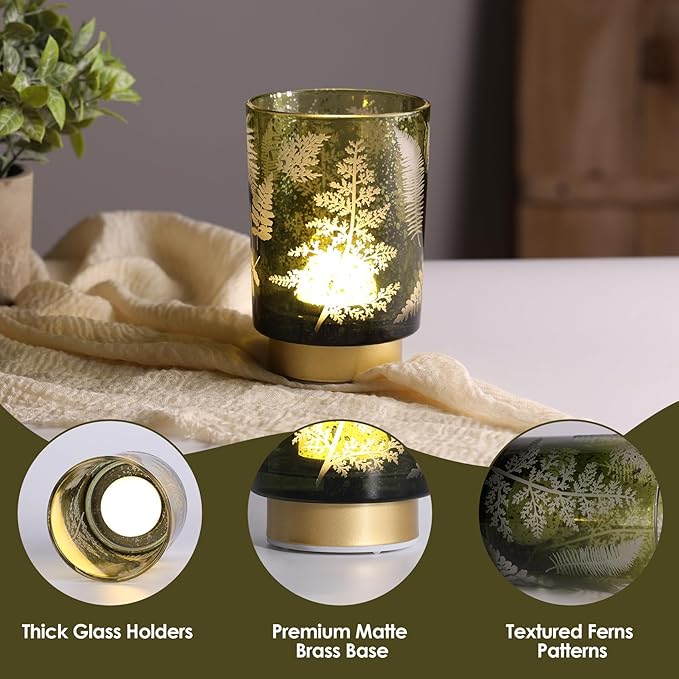 Eywamage Battery Operated Glass Table Lamp, Boho Green Ferns Leaves Mood Light with Remote, Cordless Bedside Accent Lamp Room Decor