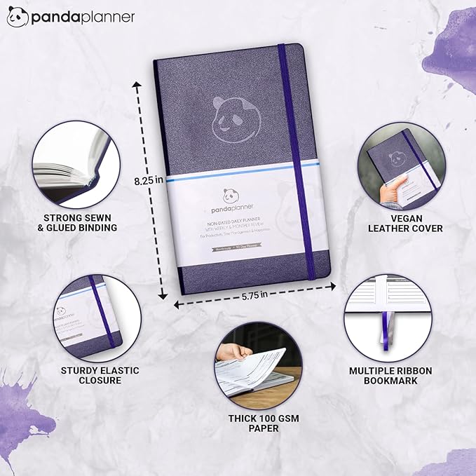 Panda Planner Classic Daily Planner 2025-2026 – Undated Day Planner & Productivity Calendar Notebook for Focus, Goals & Time Management – Purple