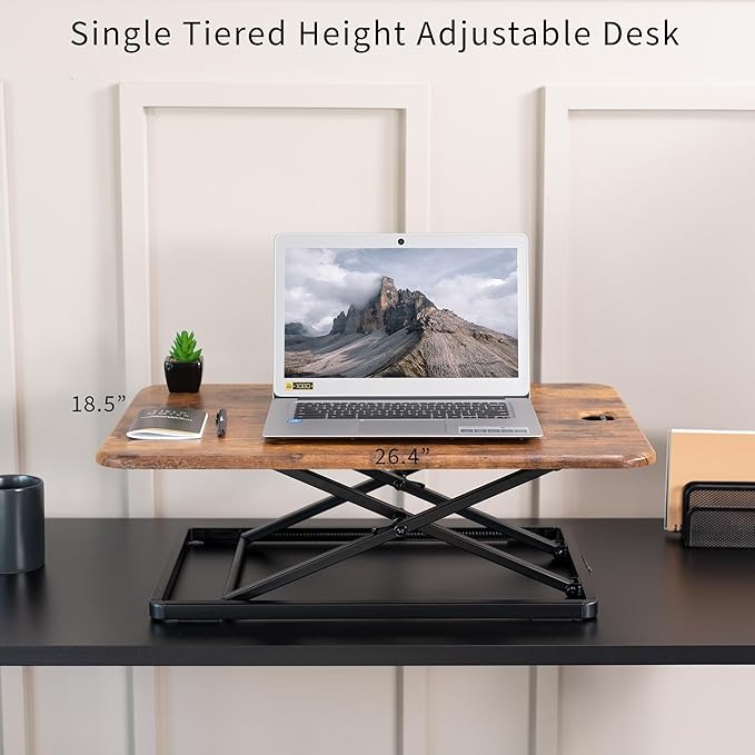 VIVO Ultra-Slim Single Top Height Adjustable Standing Desk Riser, Compact Sit Stand Desktop Converter for Monitor or Laptop, Rustic Vintage Brown, DESK-V001JN