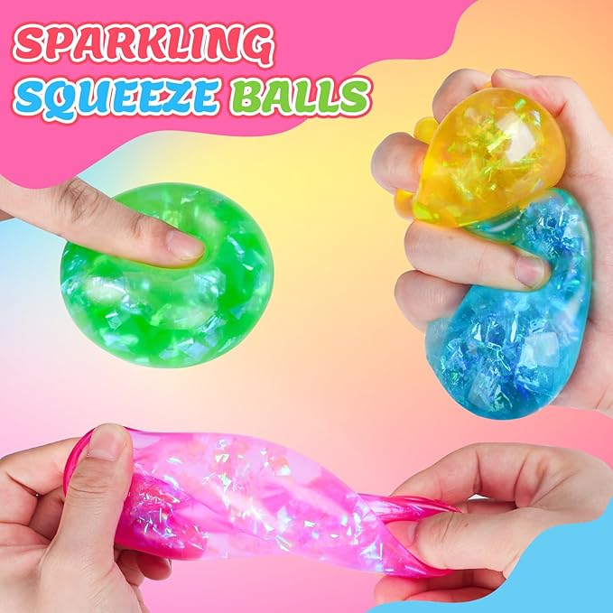 Stress Balls 4 Pack for Adults and Kids, Glitter Squeeze Toys, Sensory Toys for Kids with Autism, Squishy Fidget Toys for Stress and Anxiety Relief, Prize for Classroom