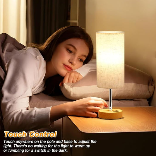 Touch Bedside Table Lamp with USB - 3 Way Dimmable Wood Lamp for Bedroom Nightstand, Desk Lamp with Charging Station for Dorm, Living Room, Office, Kids Room, Nursery, Small