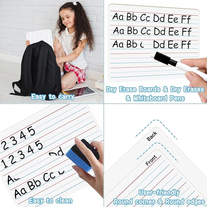 6pack Dry Erase Board 9"x12" with Lines and Blank Surface Learning,Math,Writing - Student,Teacher & Homeschool Supplies Mini Whiteboard Erasers Included Colors pens