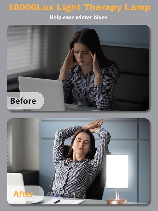 Light Therapy Lamp, 10000 Lux Daylight with 3 Color Temperatures, Adjustable Brightness & Timer with Memory Function, Sunlight Lamp with Remote Control (Gold Base, White Shade)