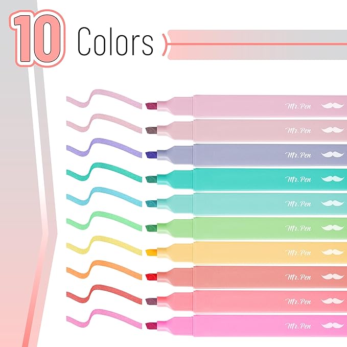 Mr. Pen- Aesthetic Highlighters, 10 pcs, Chisel Tip, Pastel Colors, Cute Highlighters Assorted Colors, Back to School Supplies