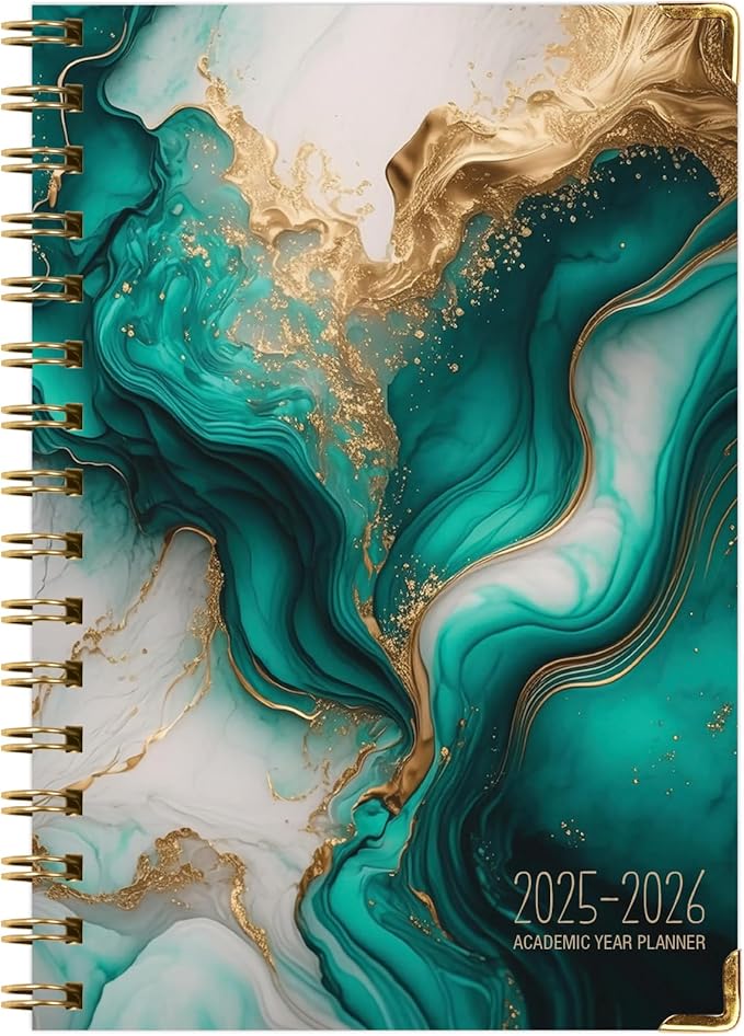 HARDCOVER Academic Year 2025-2026 Planner: (June 2025 Through July 2026) 5.5"x8" Daily Weekly Monthly Planner Yearly Agenda. Bookmark, Pocket Folder and Sticky Note Set (Teal Gold Marble)