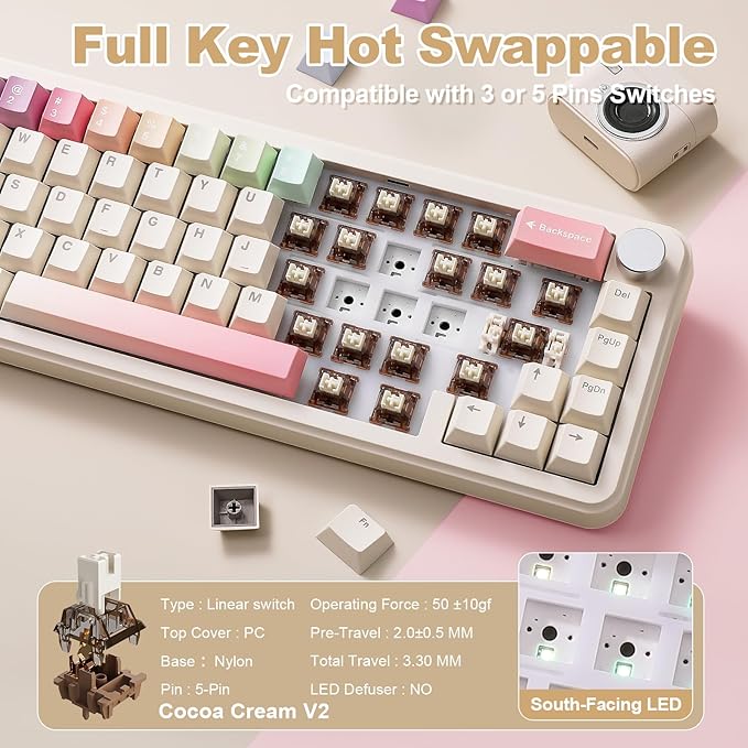 YUNZII B68 Wireless Mechanical Keyboard,Tri-Mode BT5.0/2.4GHz/USB-C,Cute PBT Keycaps,Hot Swappable Creamy Typing Gasket Mounted,RGB Backlit NKRO for Win/Mac (Beige, Cocoa Cream V2 Switch)