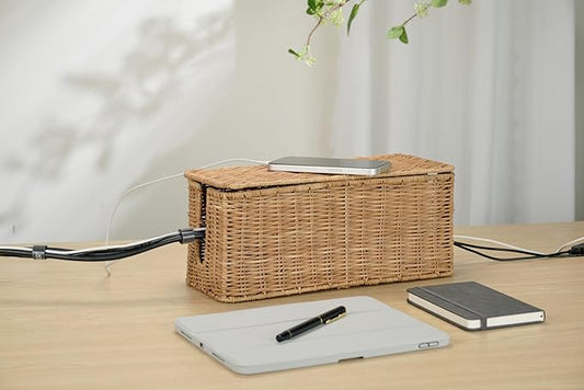 PEMAR Natural Rattan Wicker Cable Management Box, Cable Organizer, 2 Open Slots, Under Desk Cord Organizer, Cover & Hide Power Strips for TV Desk, Computer, Router, USB Hub (Natural Brown Color)