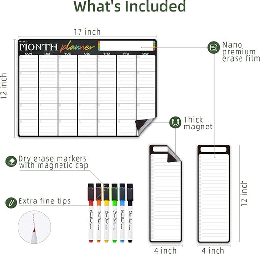 Magnetic Dry Erase Monthly Calendar - 17"x12" Monthly Calendar for Fridge - 4"x12" List Board 2 Pcs - 6 Extra Fine Point Markers Included - Shipped Flat