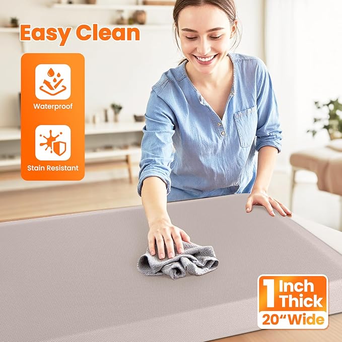 Kitchen Mats for Floor, 1 Inch Extra-Thick Kitchen Rugs, Non-Slip & Waterproof Standing Desk Mat, Comfort Anti Fatigue Mats for Kitchen Floor, Home, Sink, Office (20" X 72", Khaki)