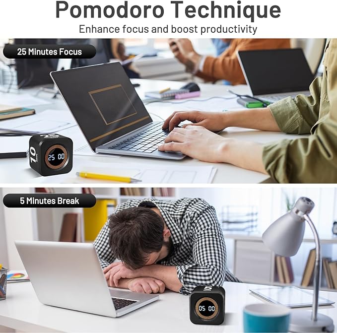 Rotating Pomodoro Timer, 5/10/25/50 Minutes, Countdown & Stopwatch, Desk Productivity, ADHD Tool Cube Flip Timer, Adjustable Silent, for Study, Work, Kitchen (Black)
