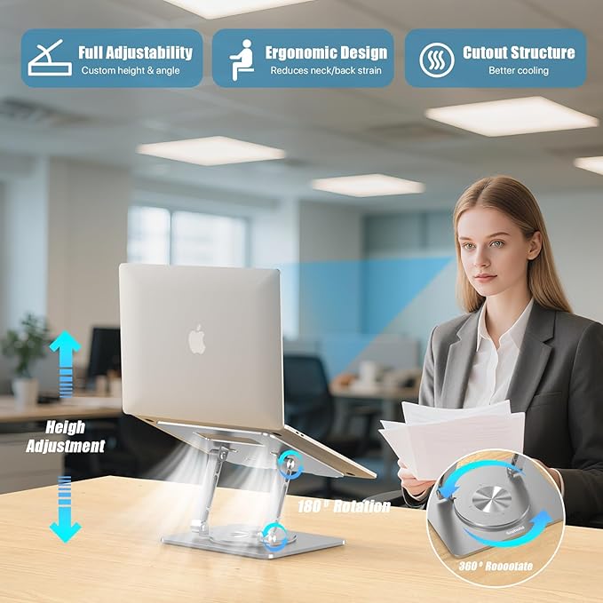 360° Swivel Laptop Stand - 2.5mm Heavy-Duty Aerospace Aluminum, Adjustable Height & Angle, Sturdy Yet Lightweight,Ergonomic Desk Mount for 10-17" MacBook/Dell/HP,Silver