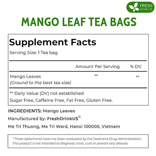 FreshDrinkUS Premium 60 Mango Leaf Tea Bags, 100% Natural & Pure. Loose Leaf Herbal Tea. No Sugar, No Caffeine, No Gluten, Vegan