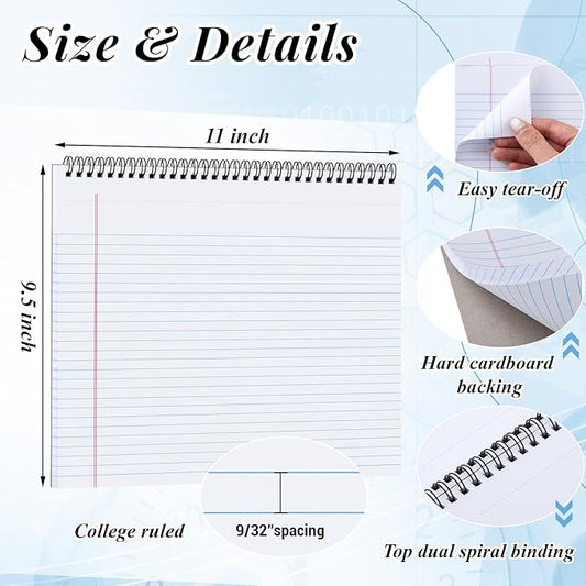 4 Pcs Legal Pads Landscape Notebooks 3 Hole Punched Top Spiral Bound Notebooks 11 x 9. 5 Inch College Ruled Drawing Notepad Tear Line for Removal 50 Sheet Office Steno Book(White)