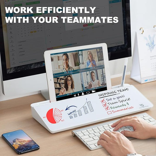 TSJ OFFICE Small Desktop Whiteboard -Glass Dry Erase Board Computer Keyboard Stand White Board Surface Pad with Drawer, Desk Organizers with Accessories for Office, Home, School Supplies