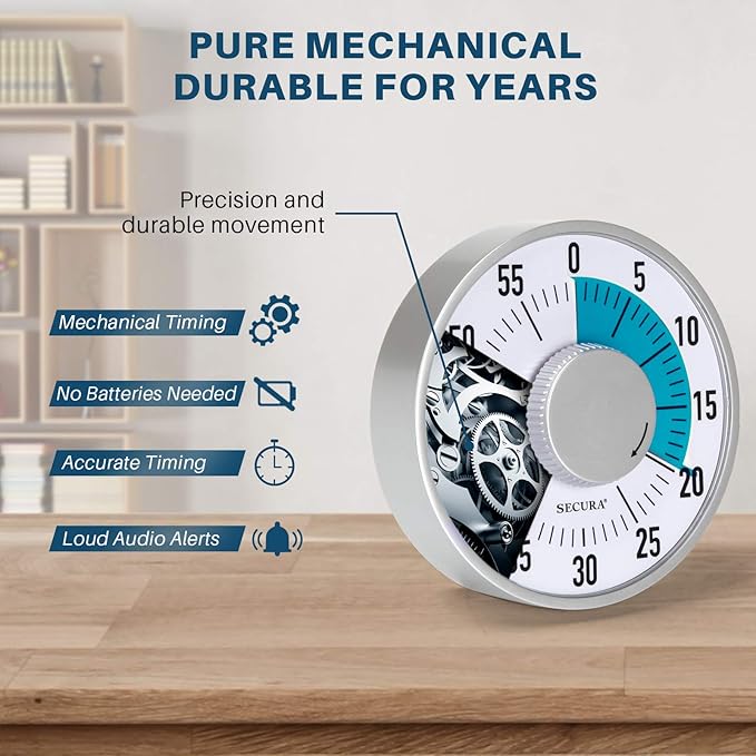 Secura 60-Minute Visual Timer 6-Inch Mechanical Countdown Timers for Teaching, Meeting, Cooking, Working - Timer for Kids with Magnetic Backing, Foldable Legs, Hanging Hole (Blue)