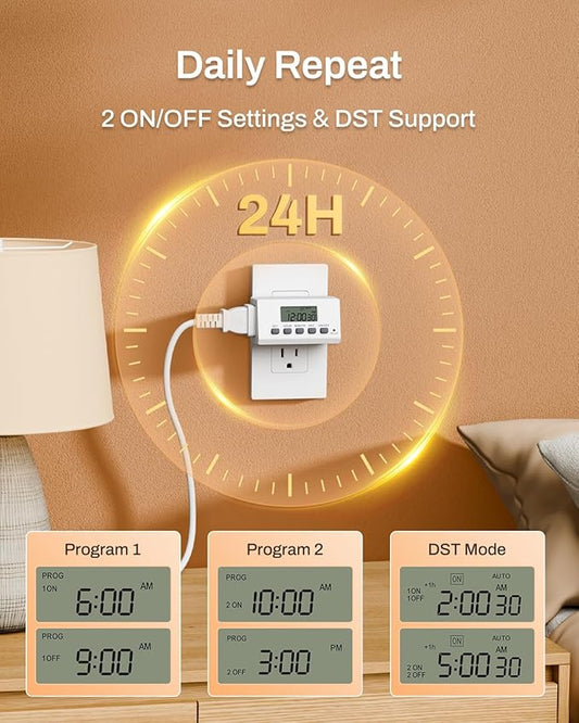 BN-LINK Digital Timer Outlet Indoor,24 Hour Light Timer Easy Programmable,Mini 2 Prong Plug in Timers for Electrical Outlets,Lamps,Fans,2 On/Off Programs,2 Pack,15A/1875W