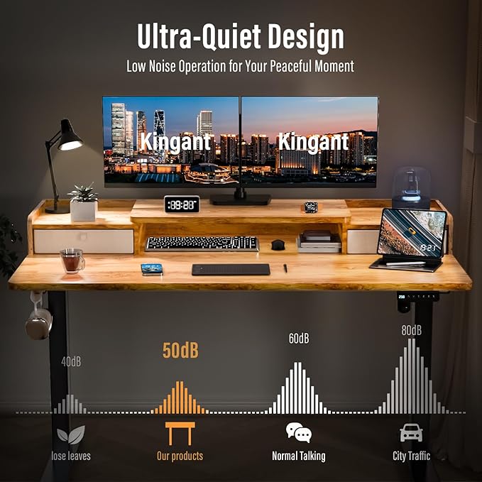 Kingant 48" x 30" Standing Desk with Drawers, Large Desktop, Ergonomic Sit Stand Desk for Home Office Work, Cable Management, 3 Preset Heights & 2 Hooks, Light Rustic