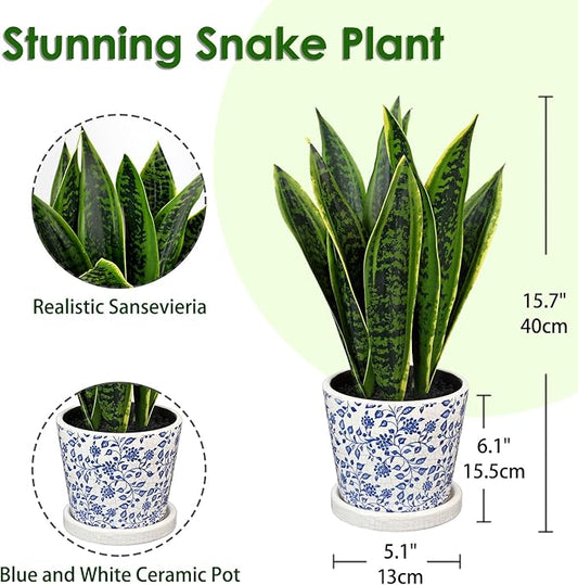 Fake Plants 15.7" Artificial Snake Plant Faux Plants in Blue and White Pot Tropical Sansevieria Silk Plant Fake Potted Plants Indoor for Home Living Room Bathroom Office Housewarming Gift Decor