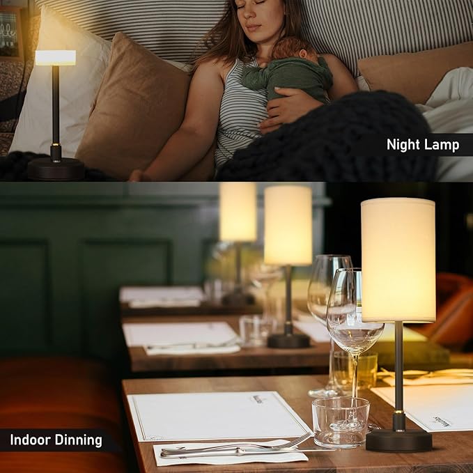 Set of 2 Small Touch Nightstand Lamp Rechargeable Battery Operated Cordless LED Table Lamp, Portable 3 Colors Stepless Dimmable Fabric Desk Light for Restaurant/Bedroom/Outdoor (White+Black)